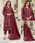 Ruby Maroon Luxury Embroidered Dhanak 3-Piece Winter Suit
