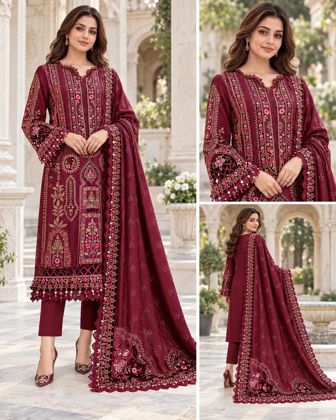 Ruby Maroon Luxury Embroidered Dhanak 3-Piece Winter Suit