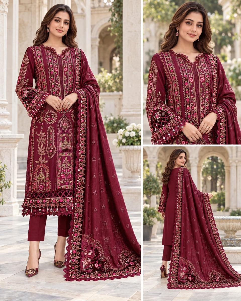 Ruby Maroon Luxury Embroidered Dhanak 3-Piece Winter Suit