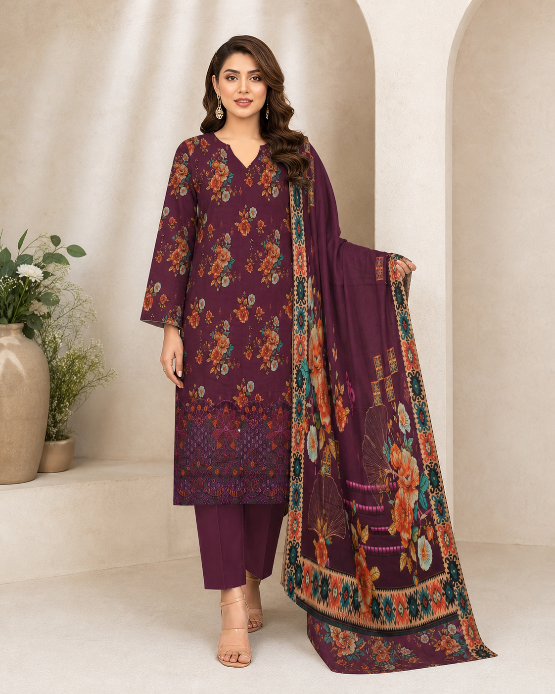 Burgundy Botanical Digital Lawn 3-Piece Suit – Vol. 532