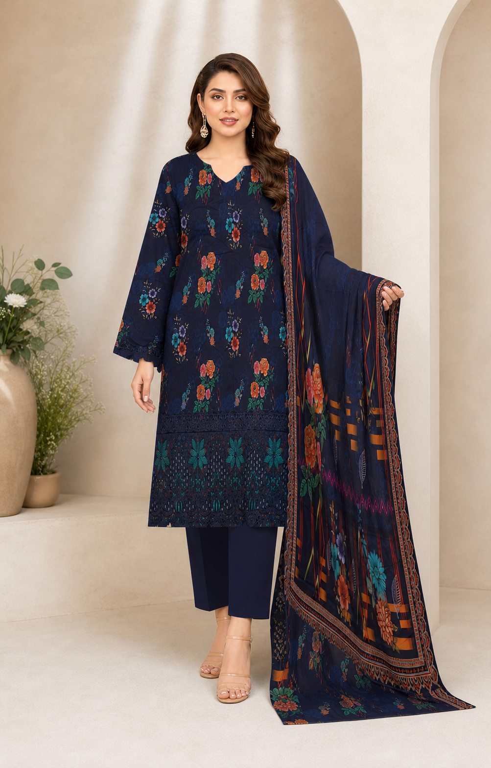 Midnight Navy Floral Digital Lawn 3-Piece Suit – Vol. 532