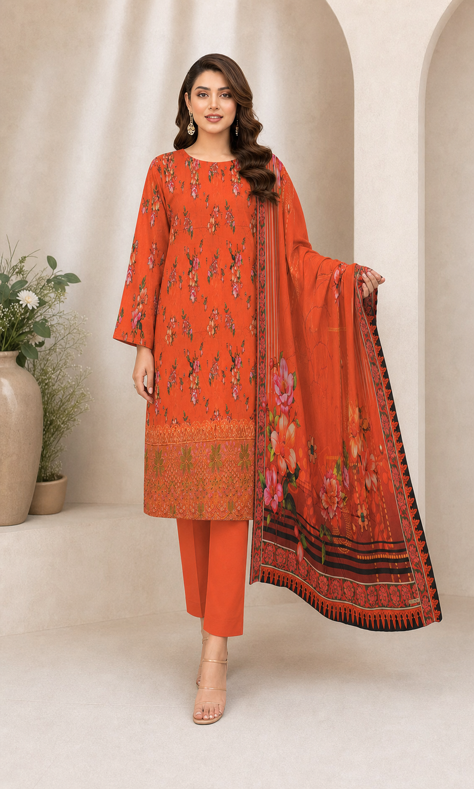 Vermilion Floral Digital Lawn 3-Piece Suit – Vol. 532