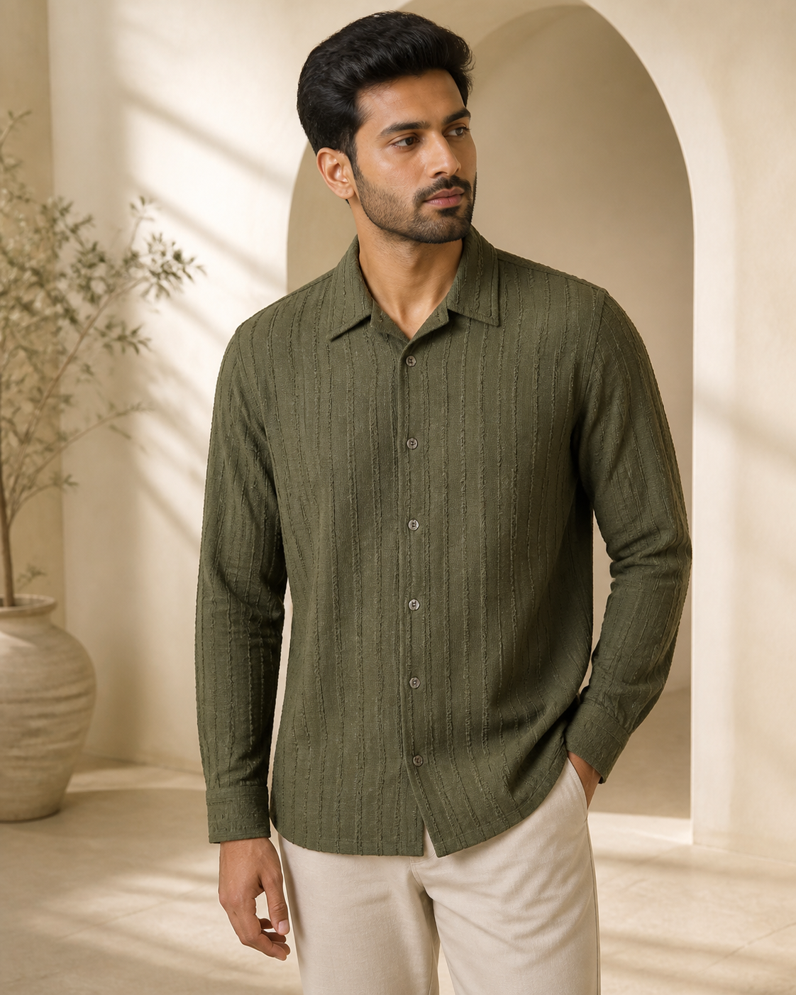 Premium Textured Shirt – Olive Green