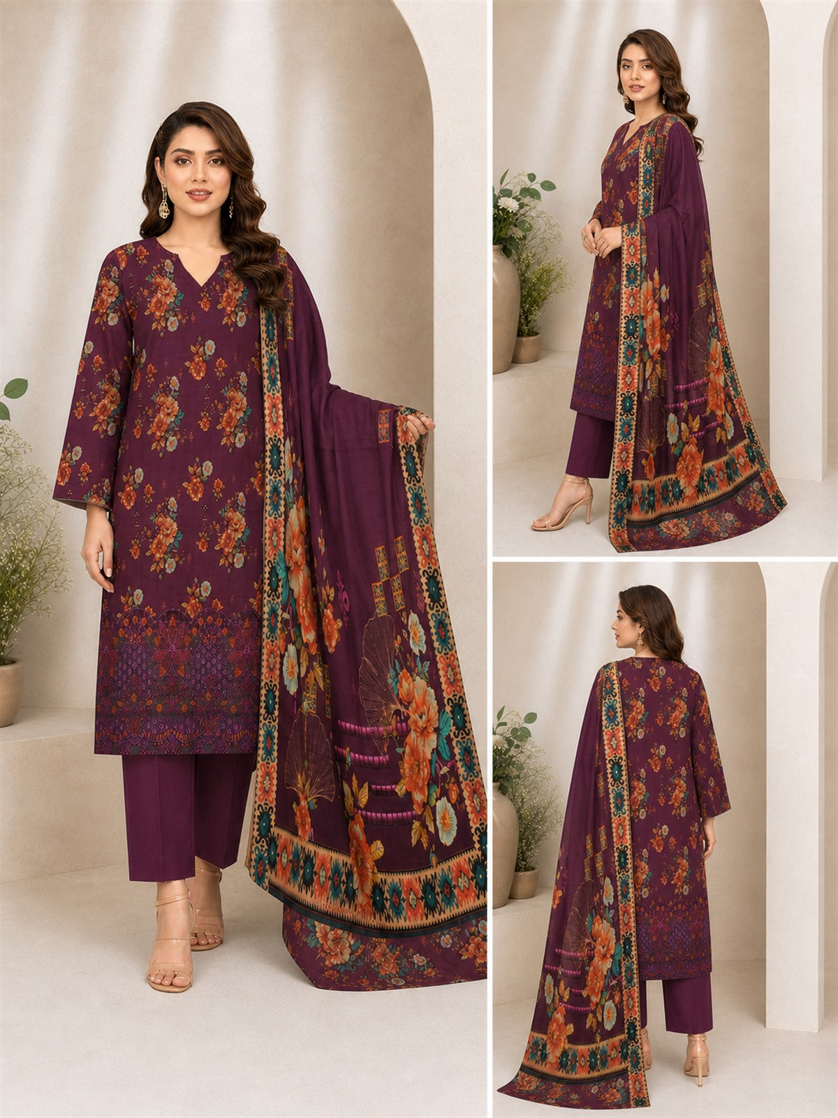 Burgundy Botanical Digital Lawn 3-Piece Suit – Vol. 532 – front, side and back views