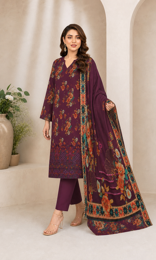Burgundy Botanical Digital Lawn 3-Piece Suit – Vol. 532