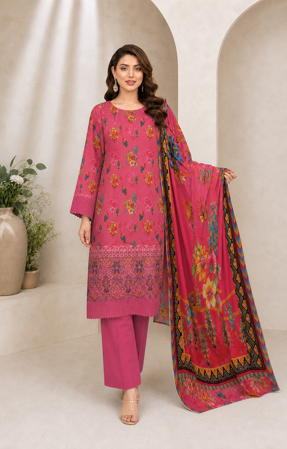 Rose Pink Floral Digital Lawn 3-Piece Suit – Vol. 532
