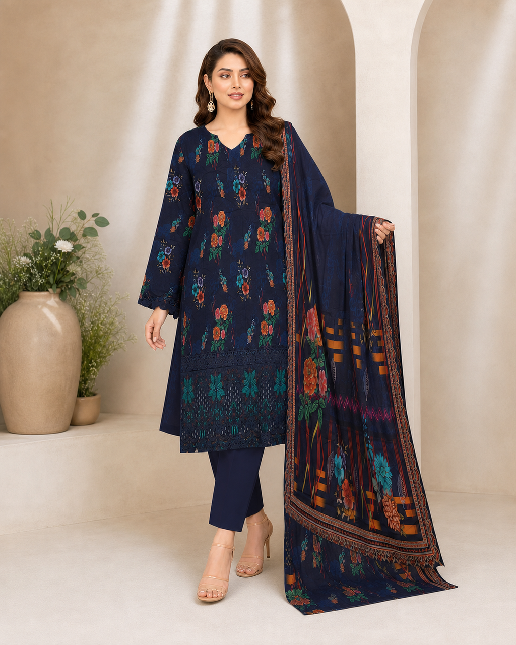 Midnight Navy Floral Digital Lawn 3-Piece Suit – Vol. 532