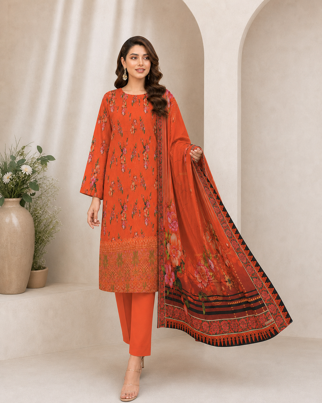 Vermilion Floral Digital Lawn 3-Piece Suit – Vol. 532