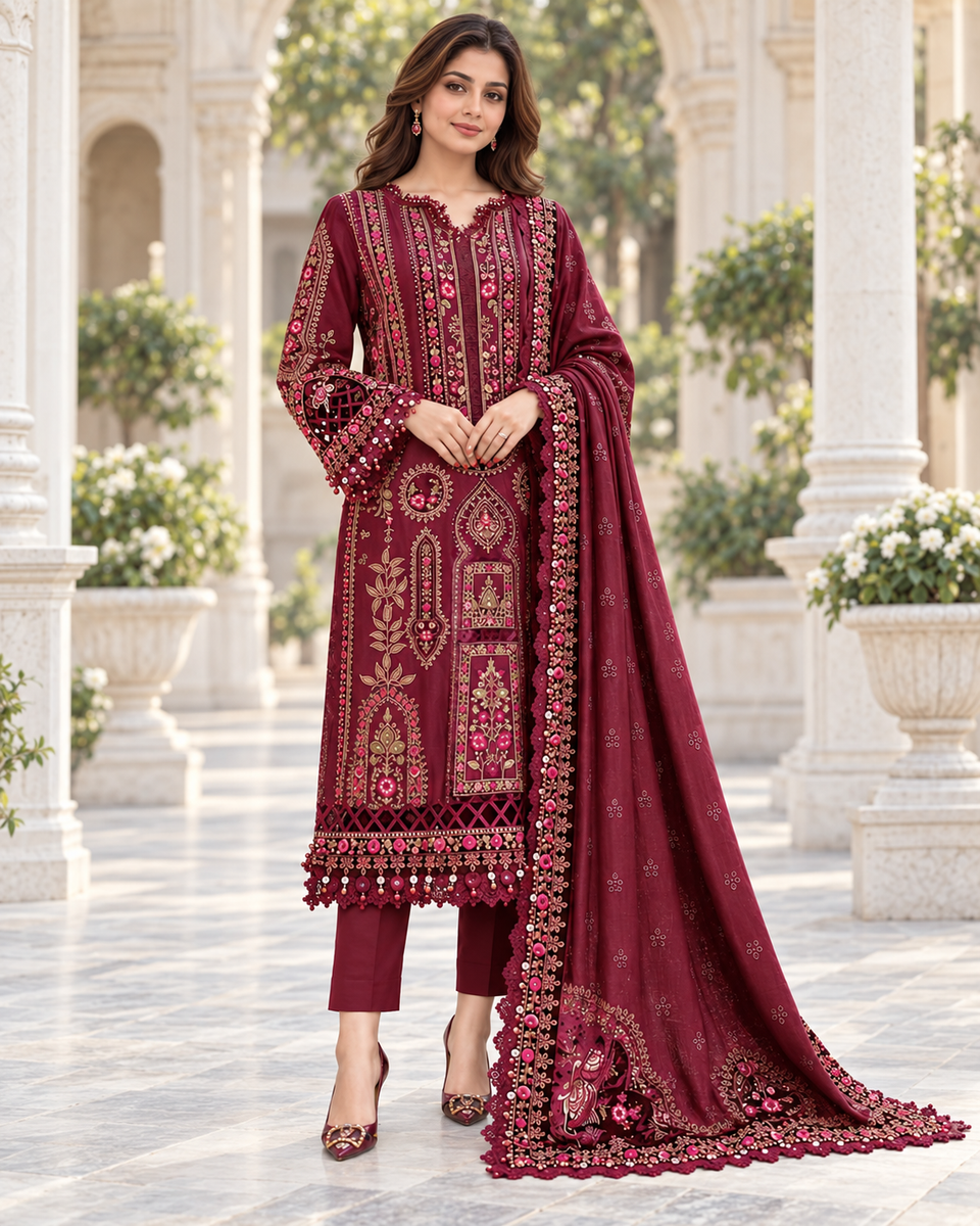 Ruby Maroon Luxury Embroidered Dhanak 3-Piece Winter Suit