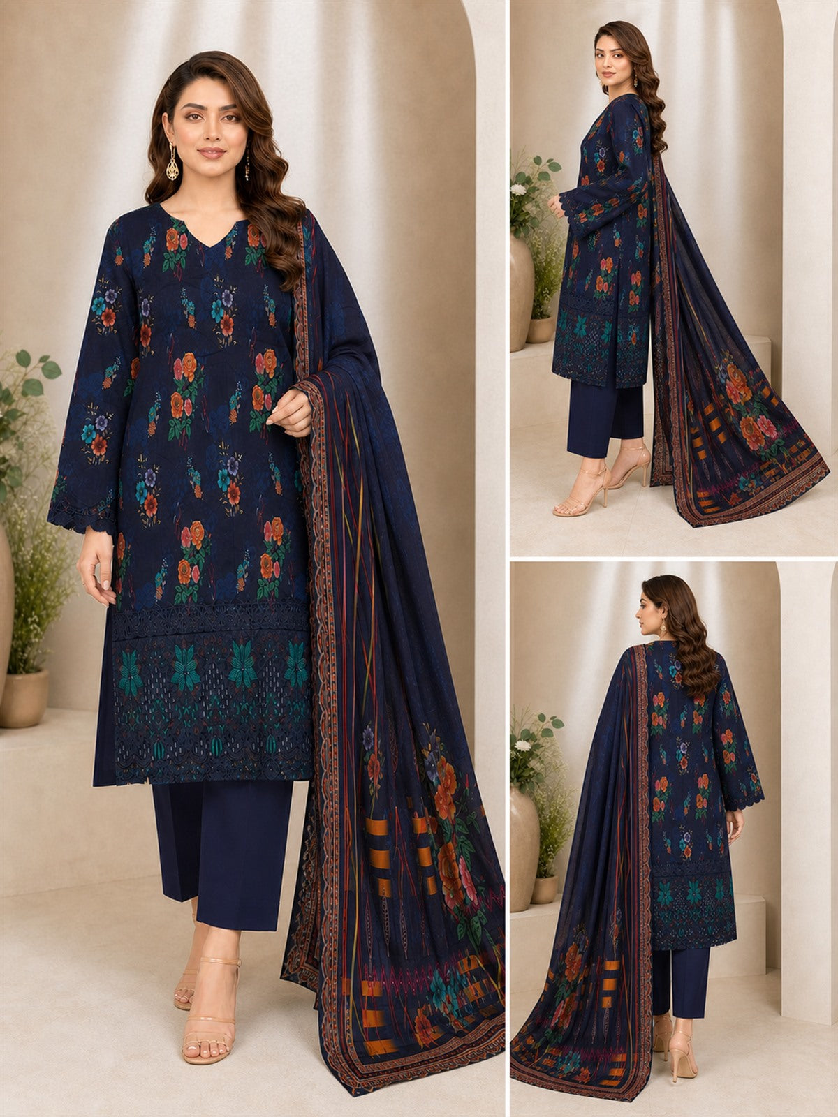 Midnight Navy Floral Digital Lawn 3-Piece Suit – Vol. 532 – front, side and back views