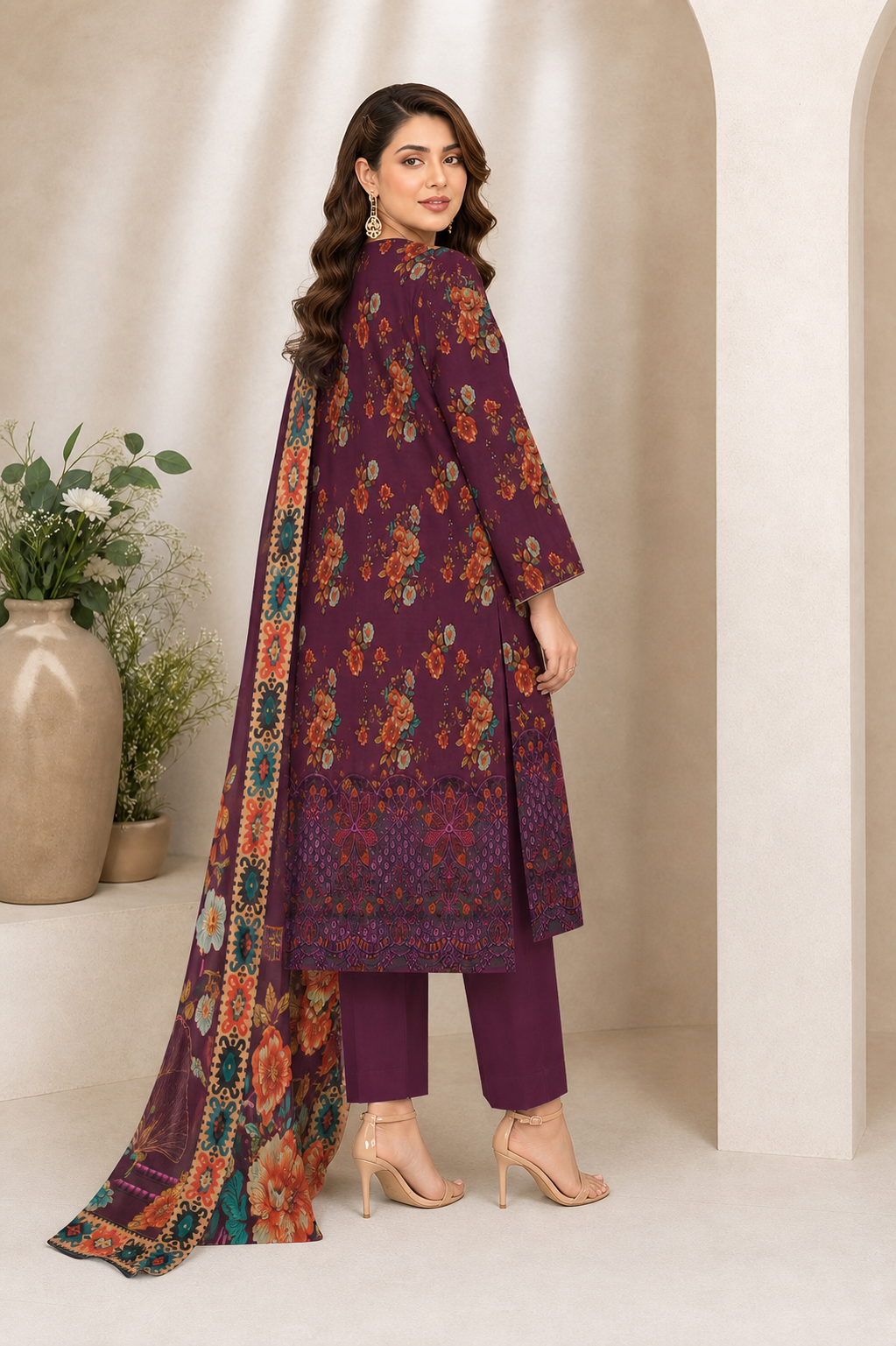Burgundy Botanical Digital Lawn 3-Piece Suit – Vol. 532