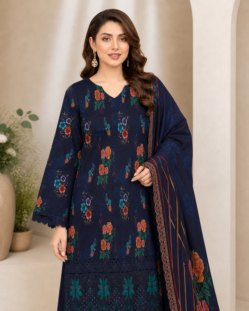 Midnight Navy Floral Digital Lawn 3-Piece Suit – Vol. 532