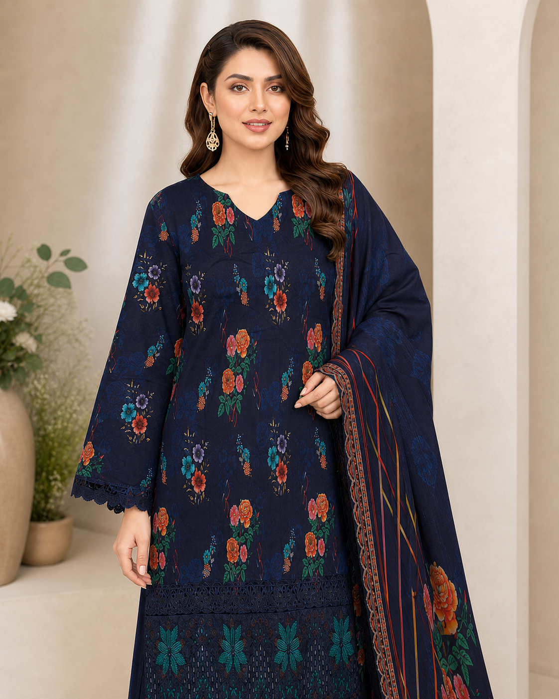 Midnight Navy Floral Digital Lawn 3-Piece Suit – Vol. 532