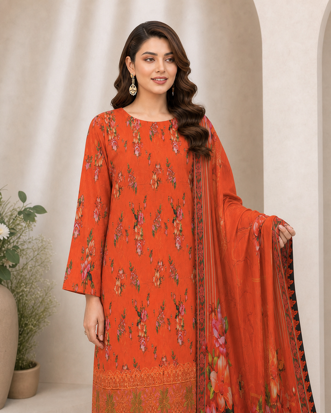 Vermilion Floral Digital Lawn 3-Piece Suit – Vol. 532