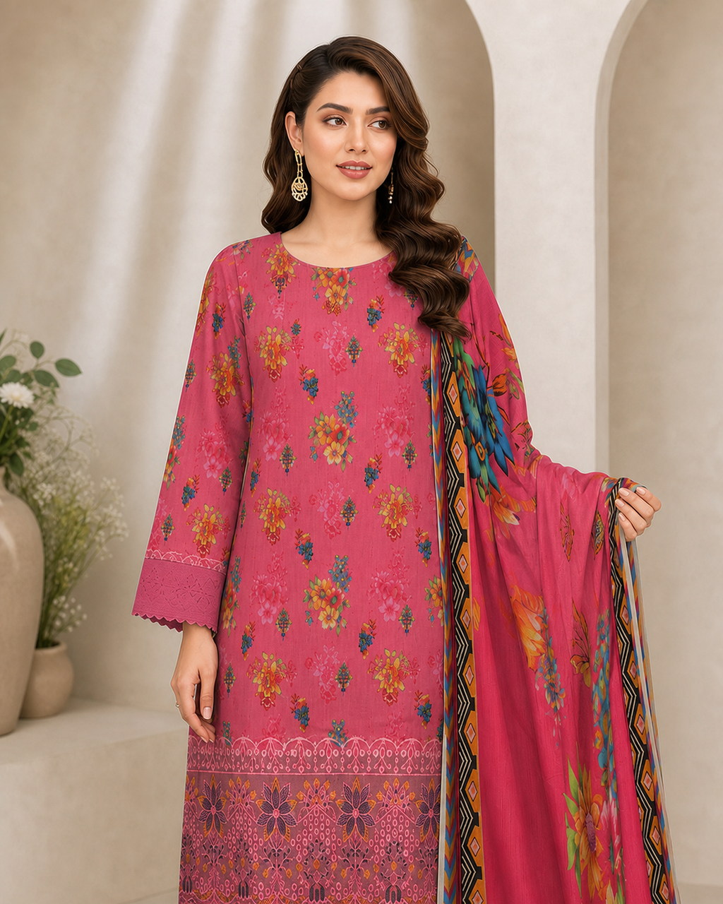 Rose Pink Floral Digital Lawn 3-Piece Suit – Vol. 532