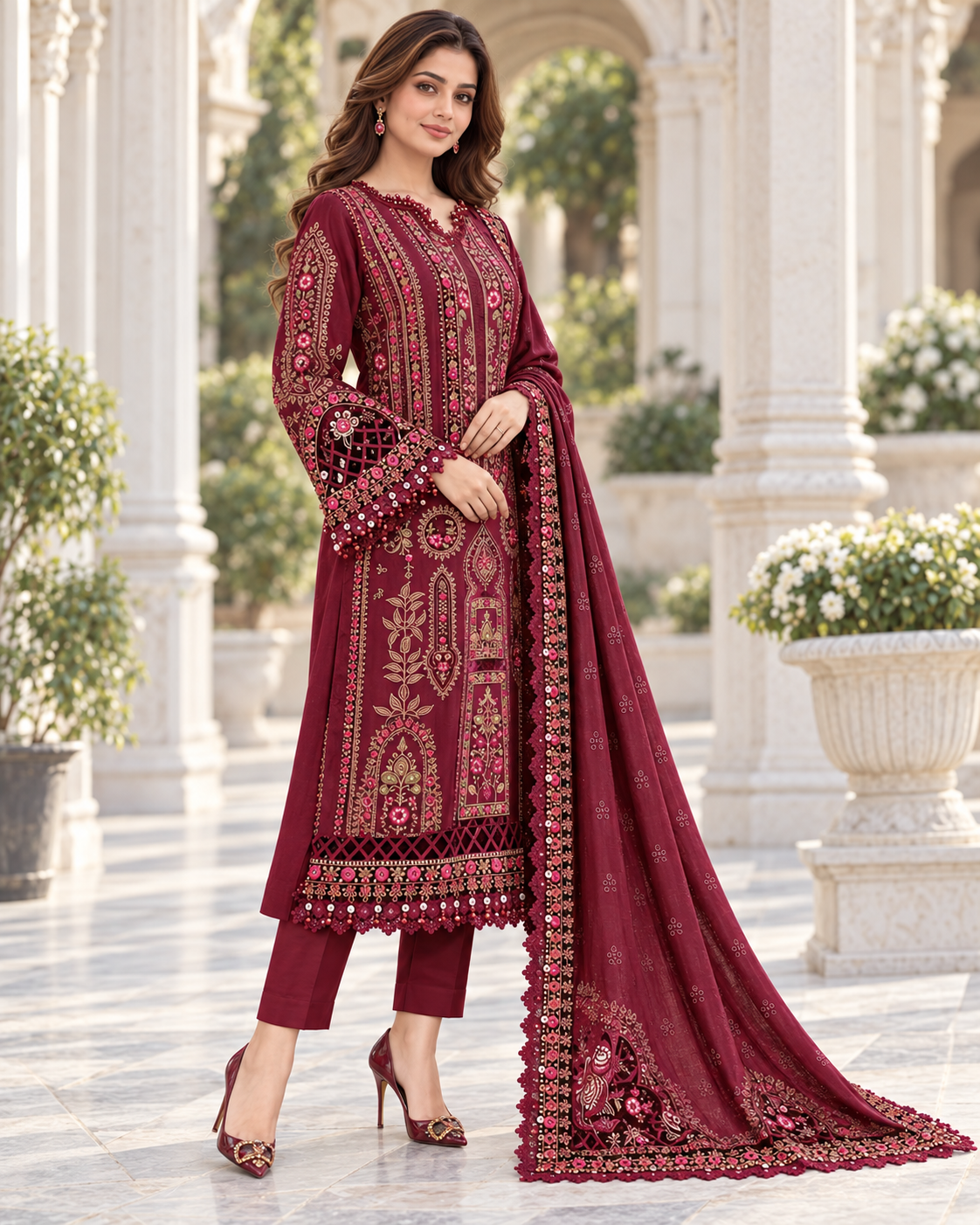 Ruby Maroon Luxury Embroidered Dhanak 3-Piece Winter Suit