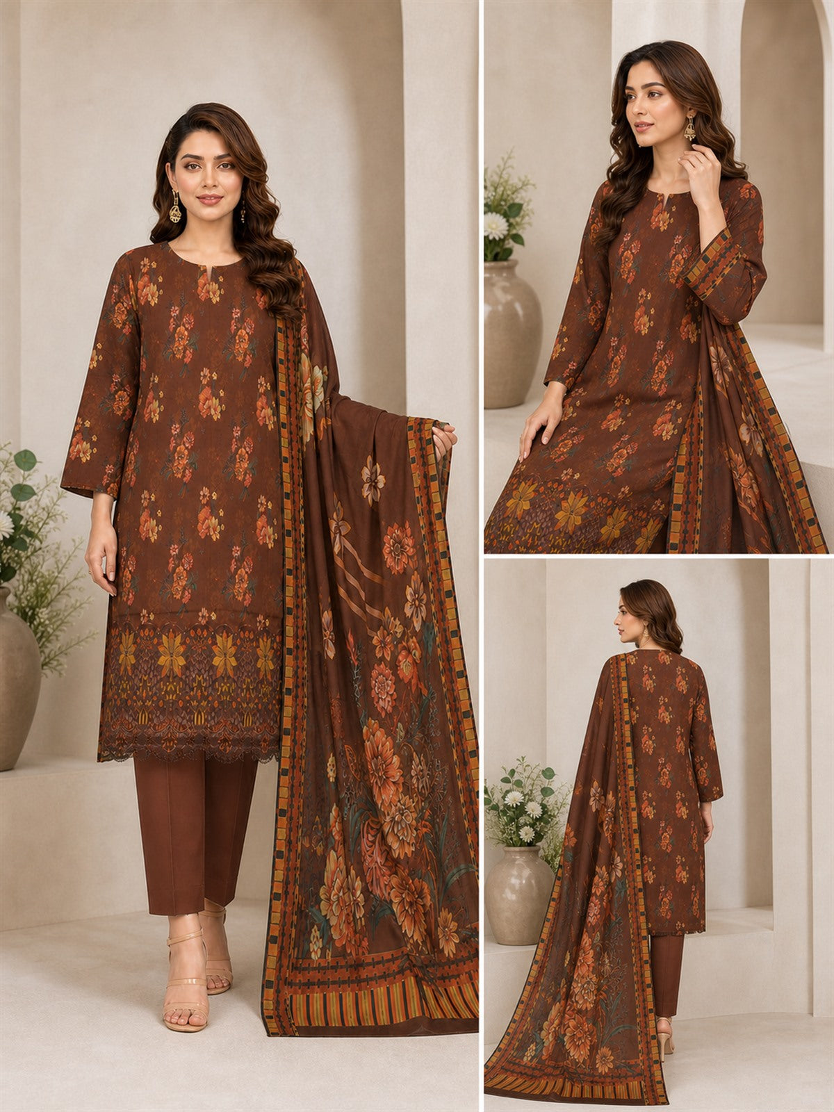 Cocoa Brown Floral Digital Lawn 3-Piece Suit – Vol. 532 – front, side and back views