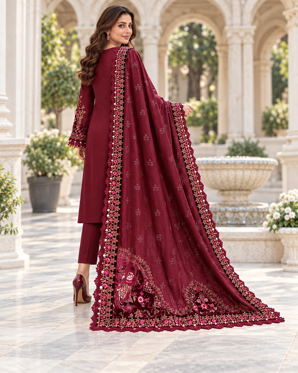 Ruby Maroon Luxury Embroidered Dhanak 3-Piece Winter Suit