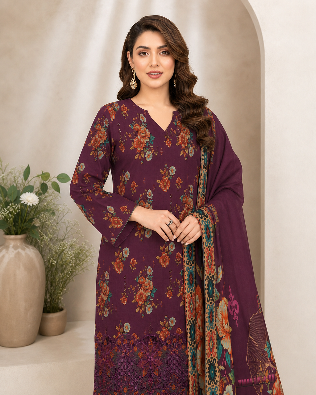 Burgundy Botanical Digital Lawn 3-Piece Suit – Vol. 532