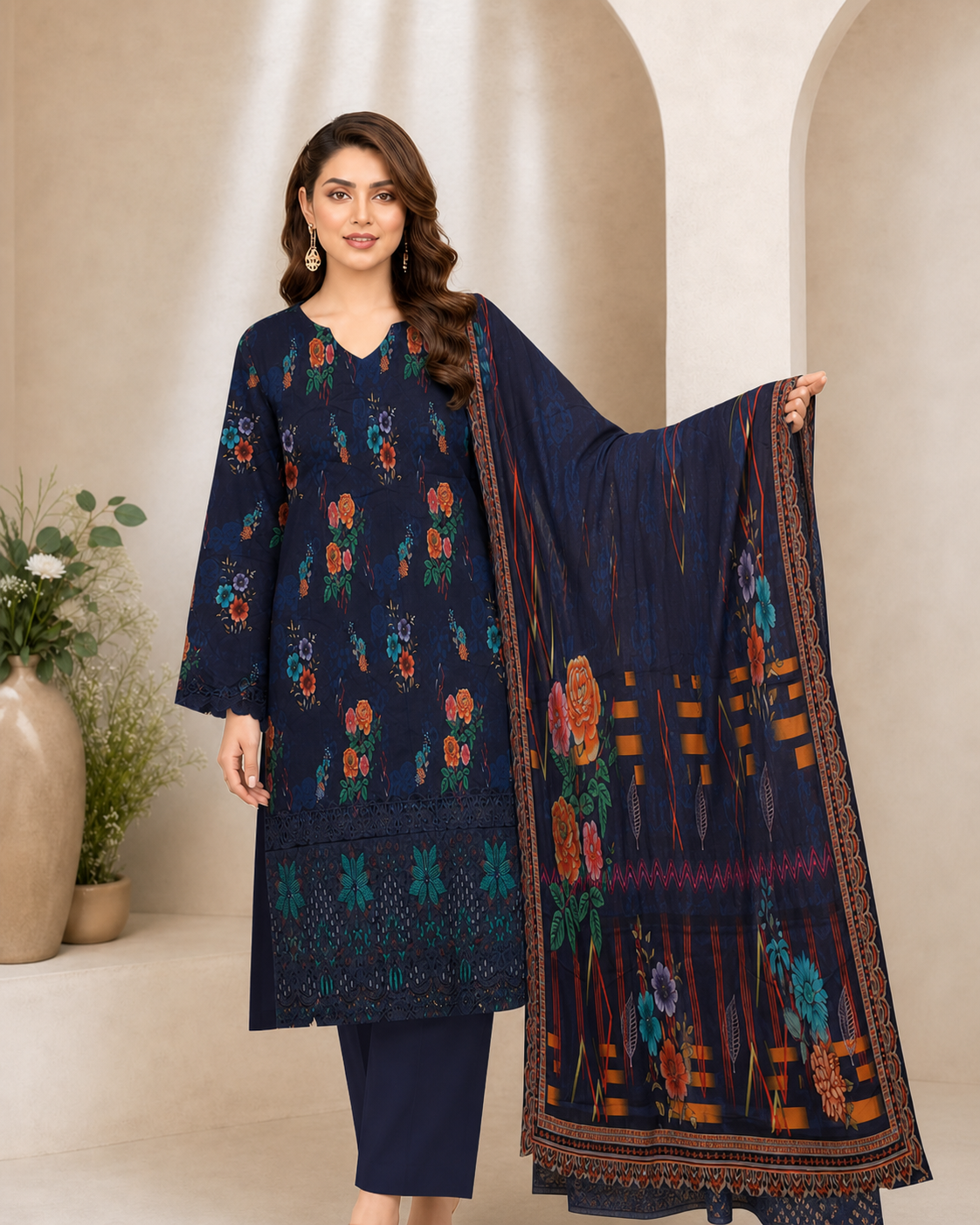 Midnight Navy Floral Digital Lawn 3-Piece Suit – Vol. 532