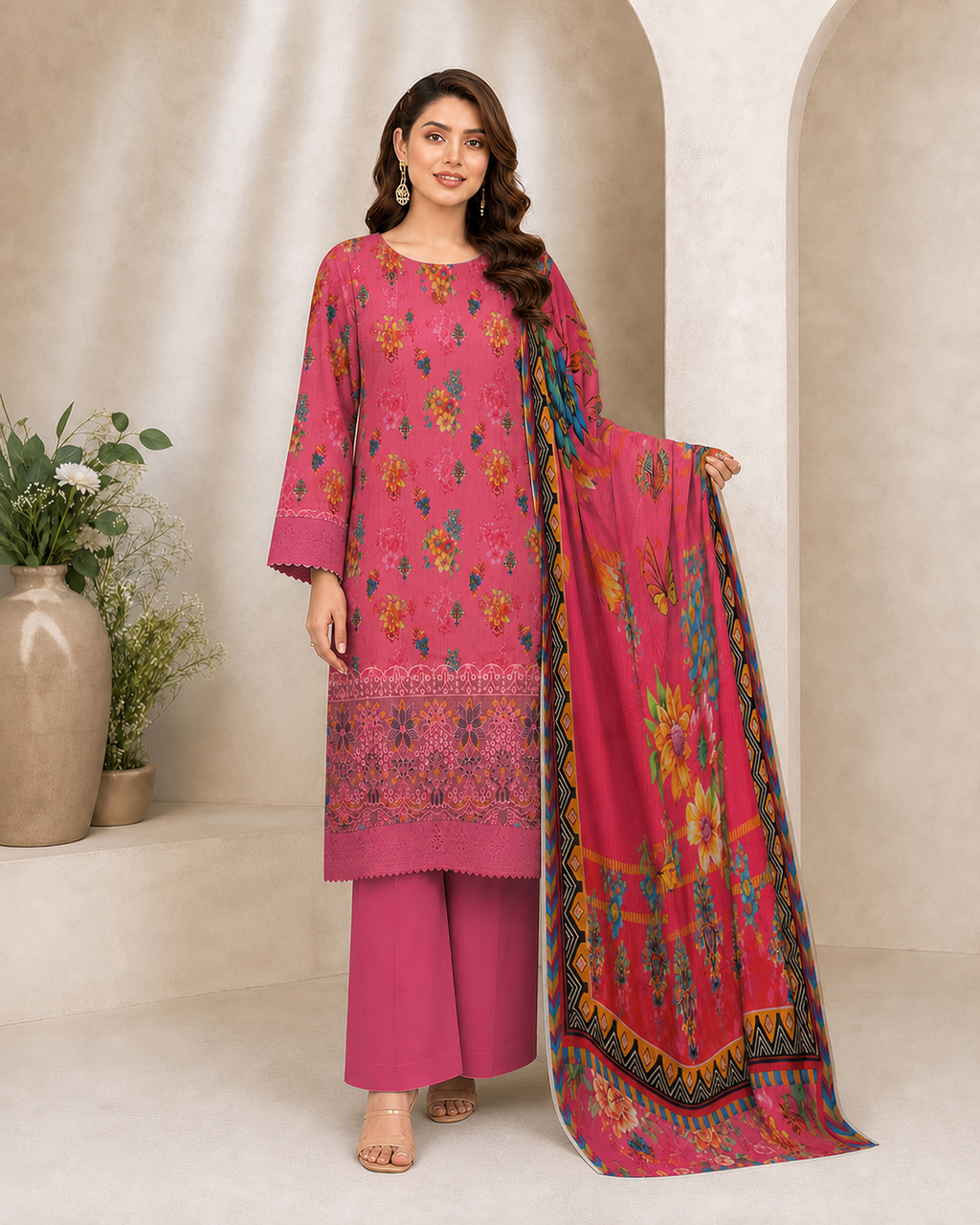 Rose Pink Floral Digital Lawn 3-Piece Suit – Vol. 532