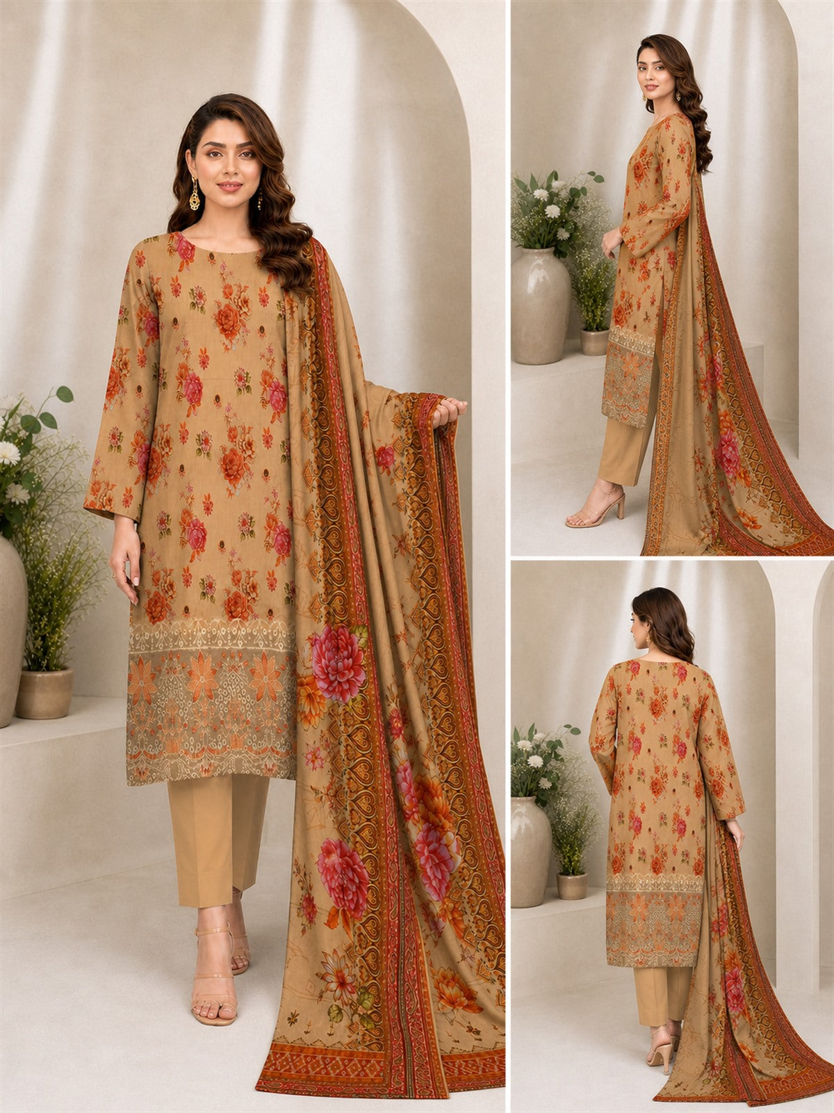 Sand Beige Floral Digital Lawn 3-Piece Suit – Vol. 532 – front, side and back views