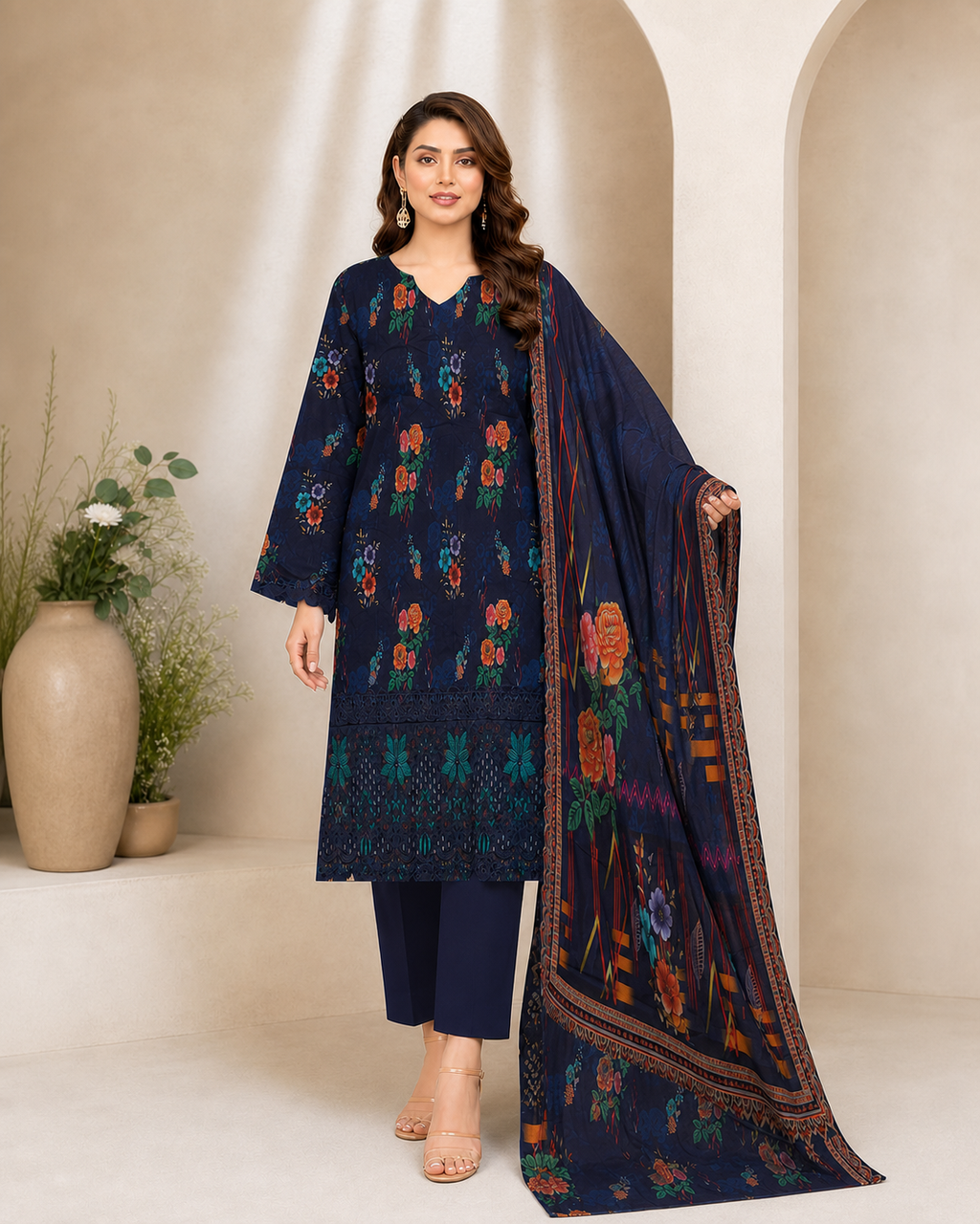 Midnight Navy Floral Digital Lawn 3-Piece Suit – Vol. 532