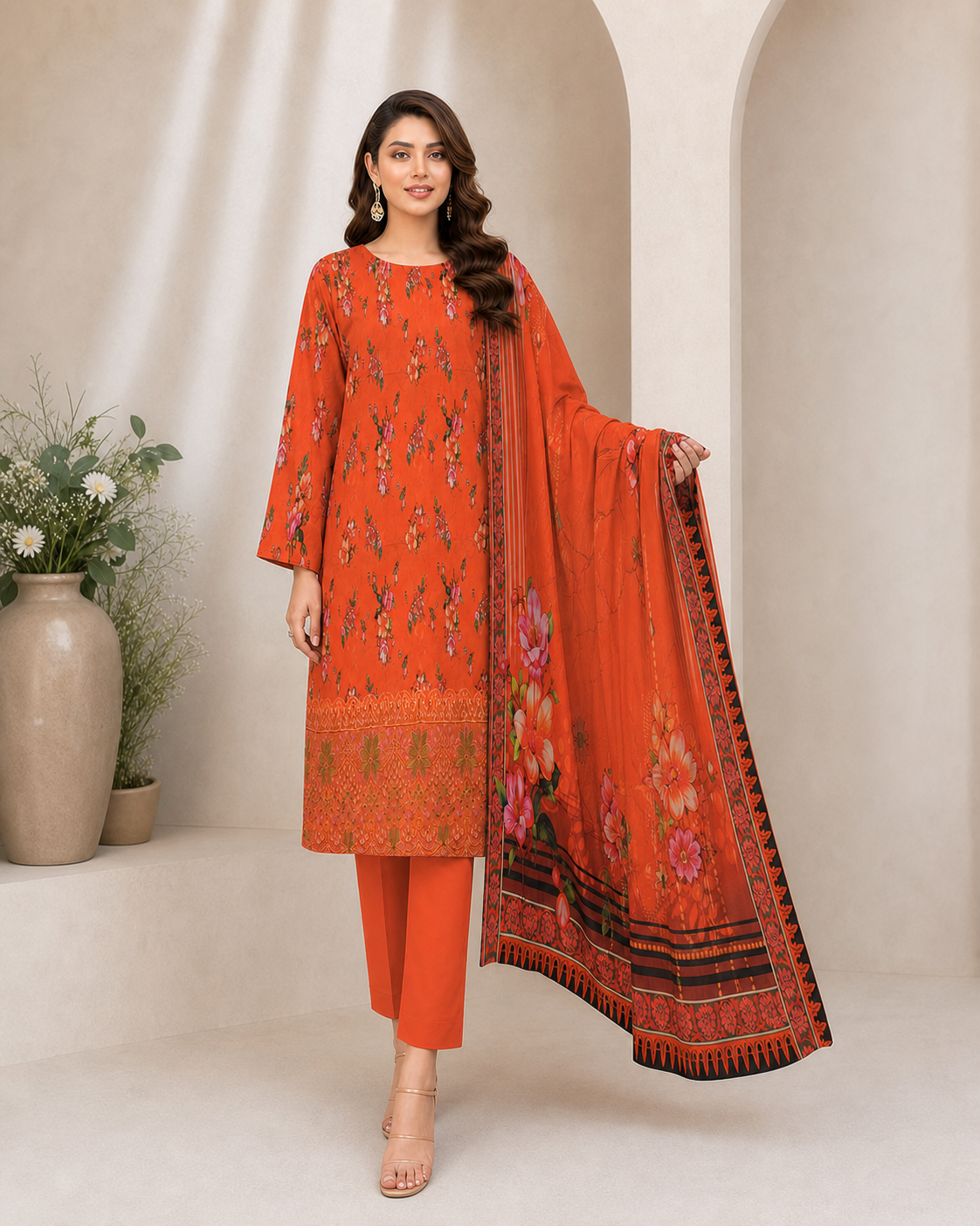 Vermilion Floral Digital Lawn 3-Piece Suit – Vol. 532