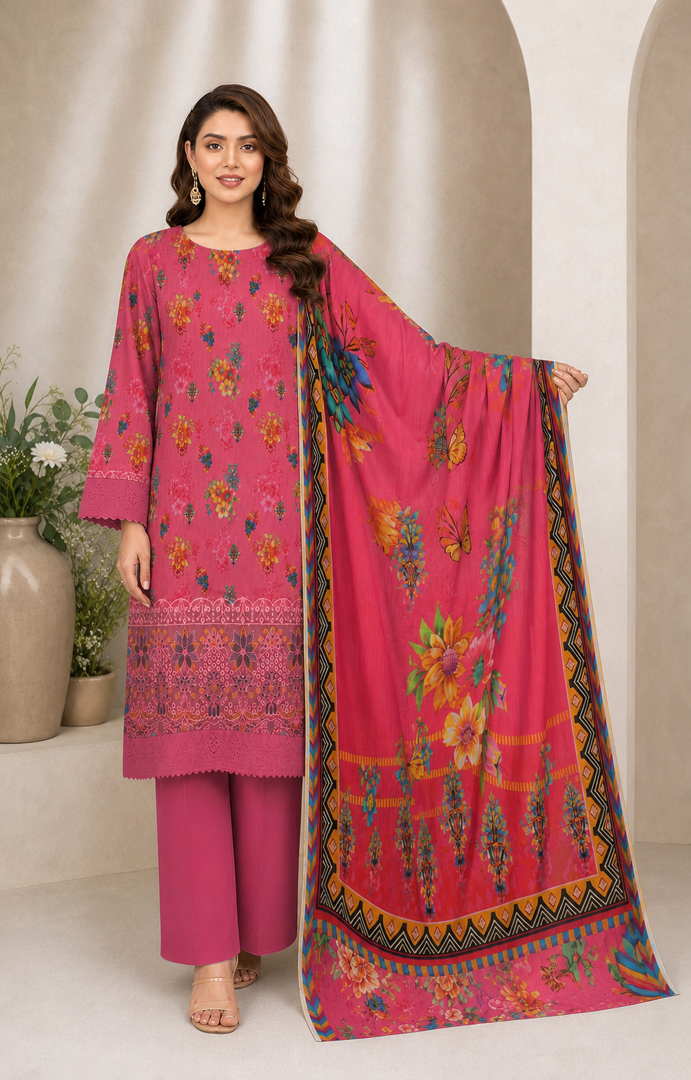 Rose Pink Floral Digital Lawn 3-Piece Suit – Vol. 532