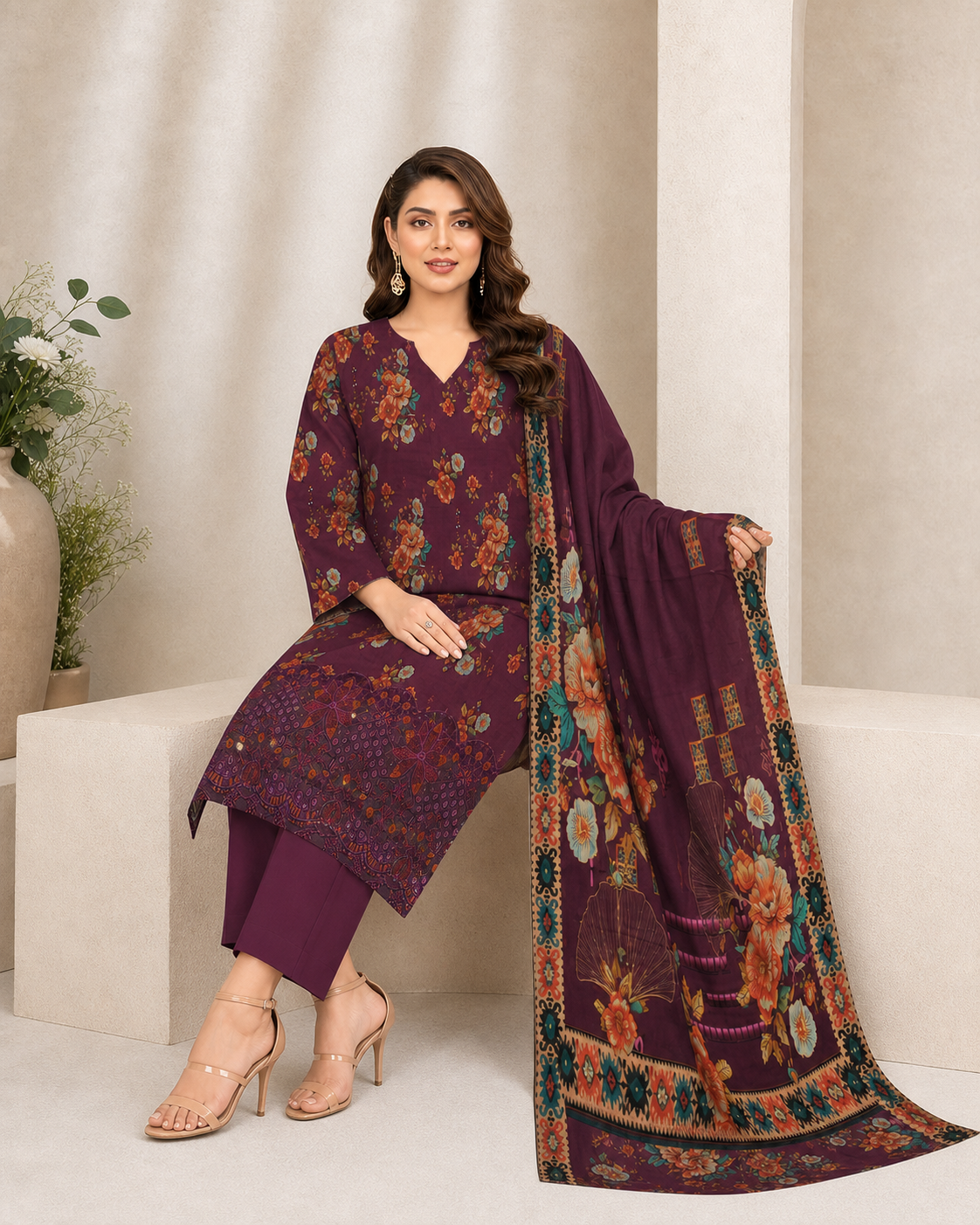 Burgundy Botanical Digital Lawn 3-Piece Suit – Vol. 532