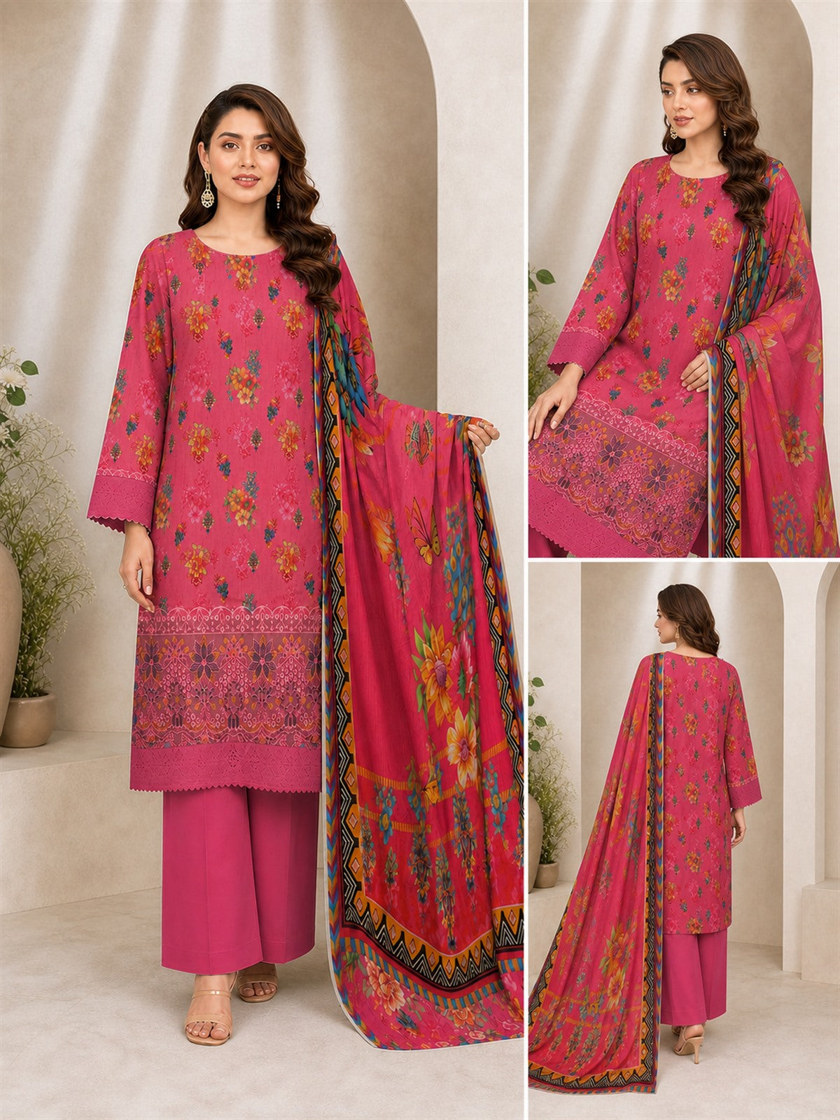 Rose Pink Floral Digital Lawn 3-Piece Suit – Vol. 532 – front, side and back views