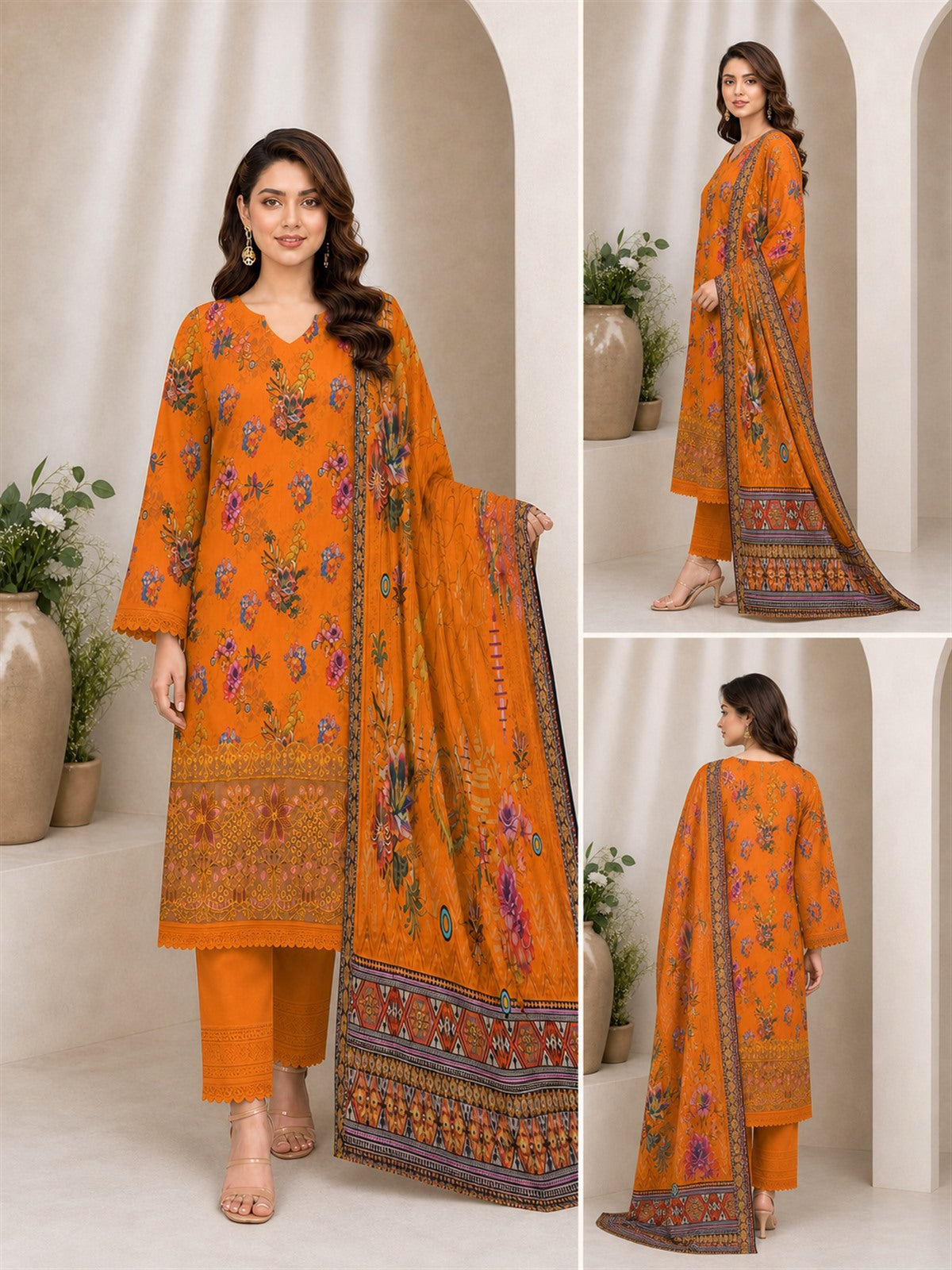 Tangerine Floral Digital Lawn 3-Piece Suit – Vol. 532 – front, side and back views