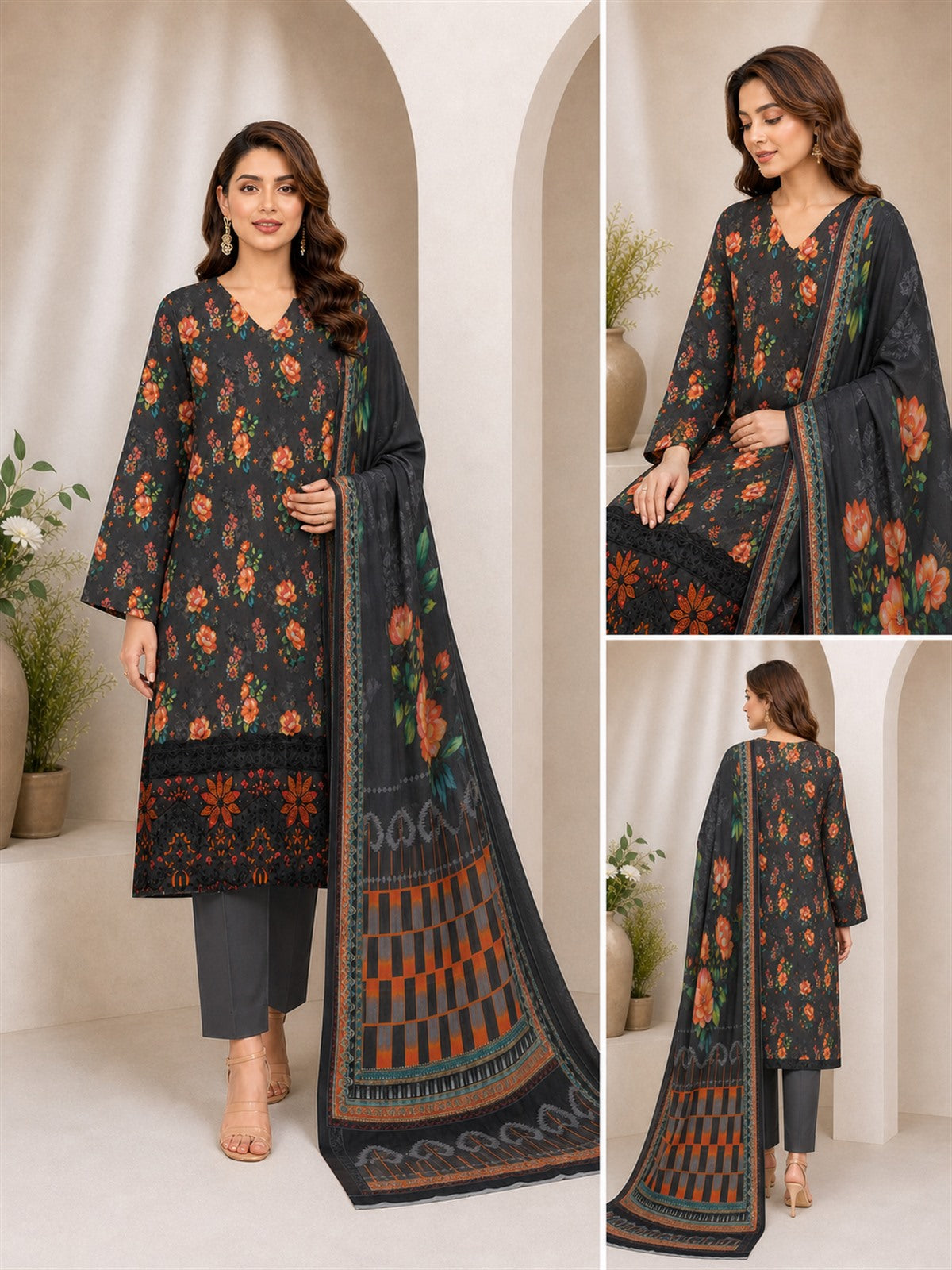 Charcoal Grey Floral Digital Lawn 3-Piece Suit – Vol. 532 – front, side and back views