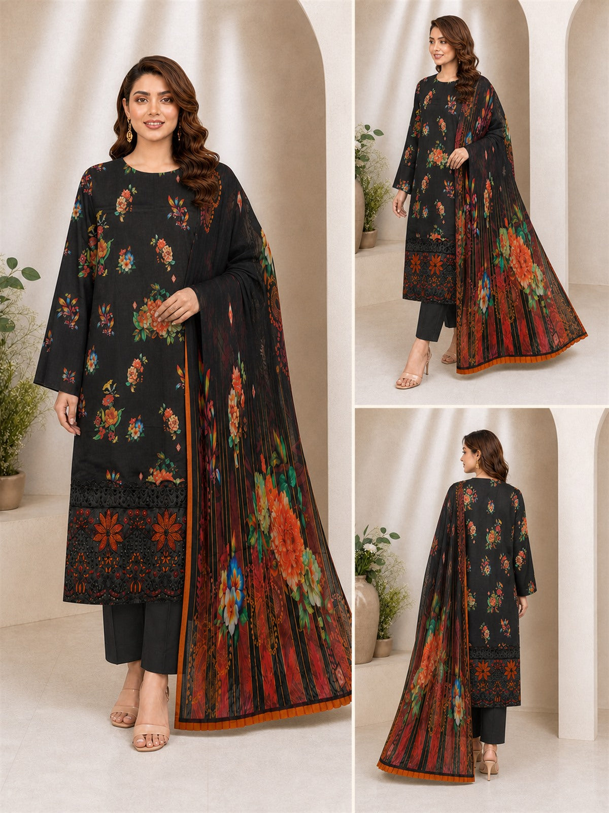 Midnight Black Floral Digital Lawn 3-Piece Suit – Vol. 532 – front, side and back views