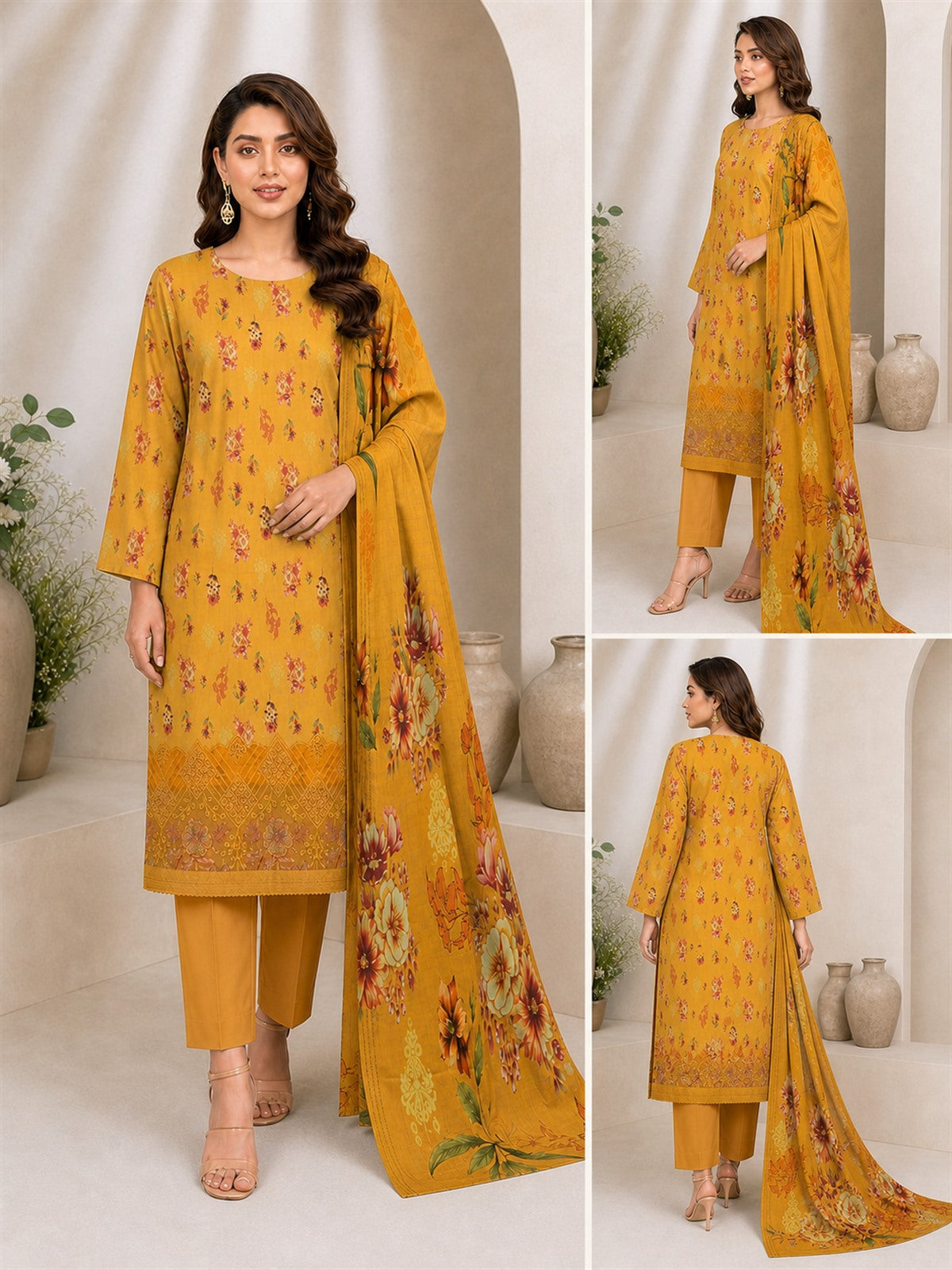 Mustard Gold Floral Digital Lawn 3-Piece Suit – Vol. 531 – front, side and back views