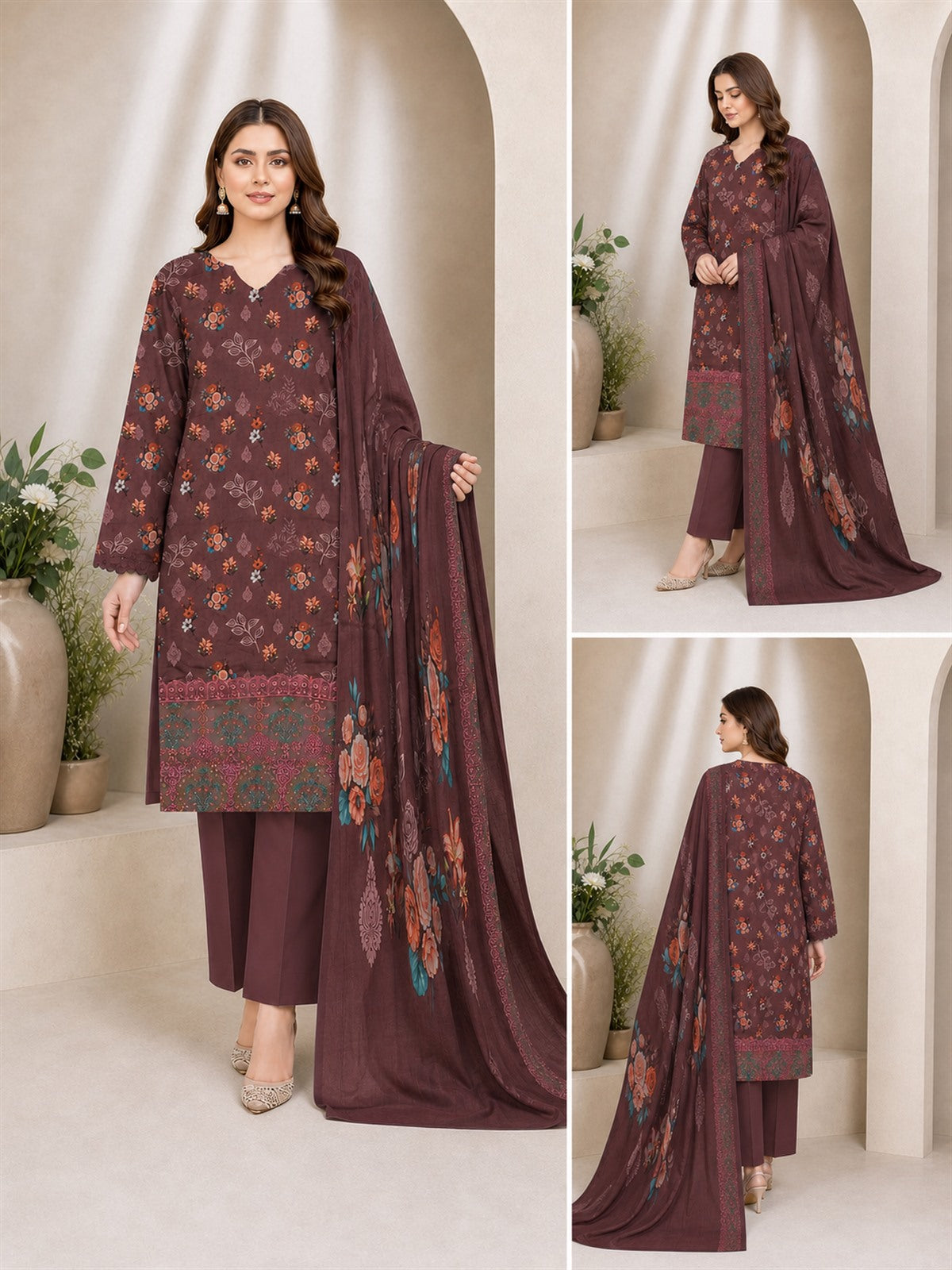 Plum Mauve Floral Digital Lawn 3-Piece Suit – Vol. 531 – front, side and back views
