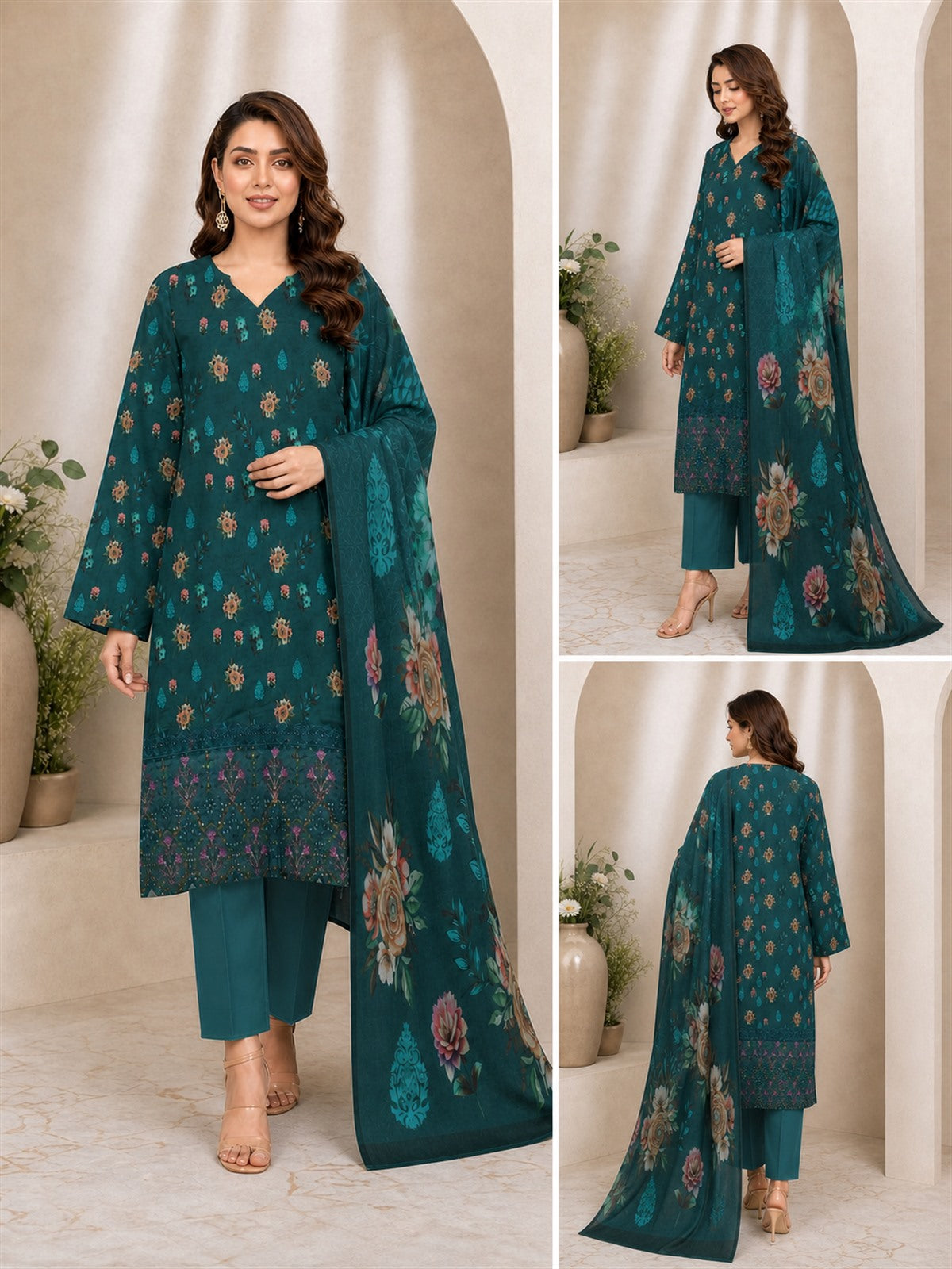 Teal Emerald Motif Digital Lawn 3-Piece Suit – Vol. 531 – front, side and back views