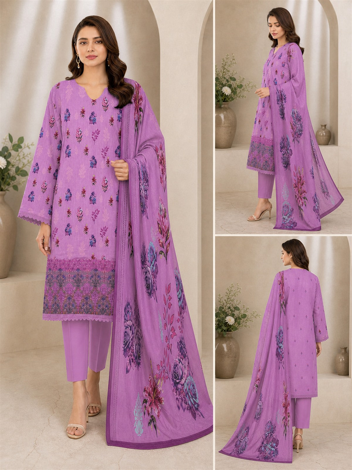 Lavender Lilac Floral Digital Lawn 3-Piece Suit – Vol. 531 – front, side and back views