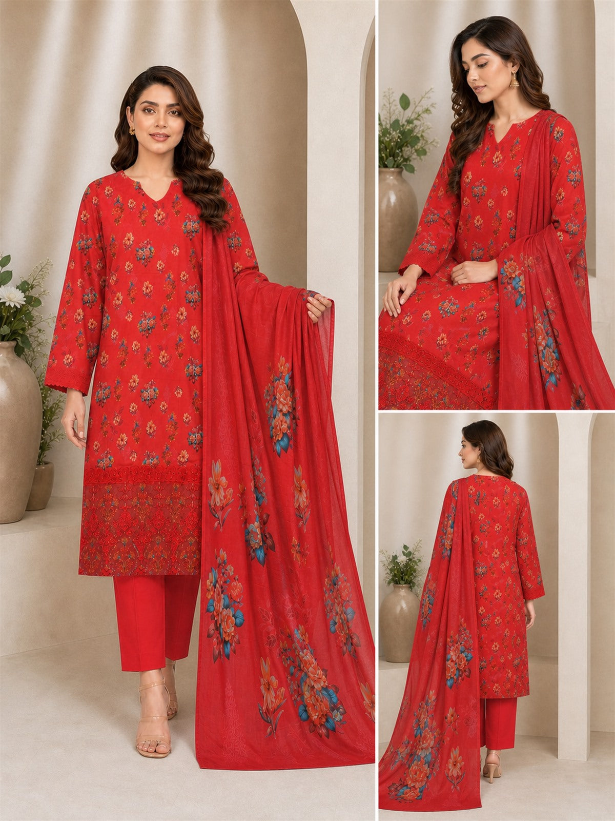 Crimson Red Floral Digital Lawn 3-Piece Suit – Vol. 531 – front, side and back views