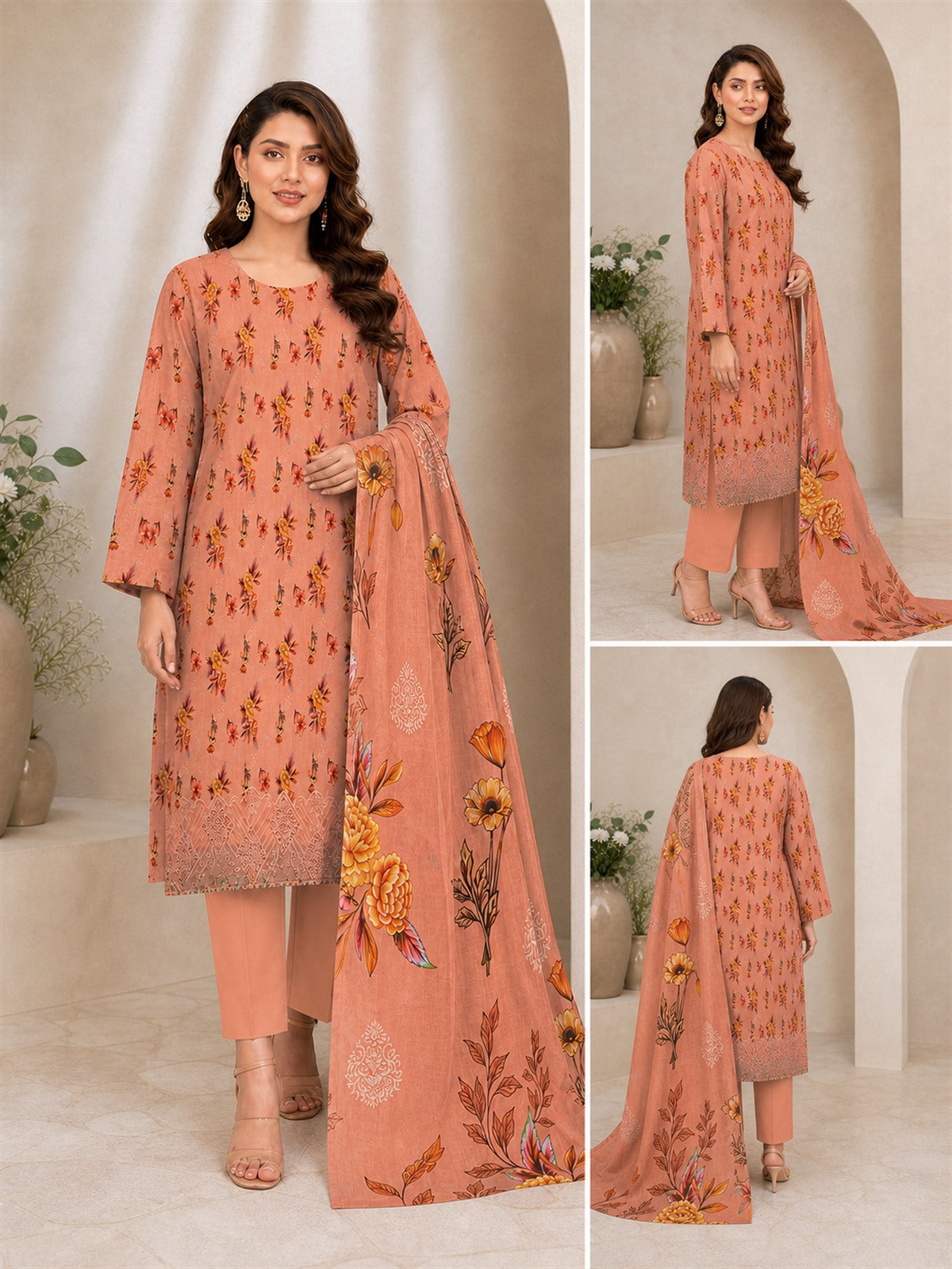 Peach Terracotta Floral Digital Lawn 3-Piece Suit – Vol. 531 – front, side and back views