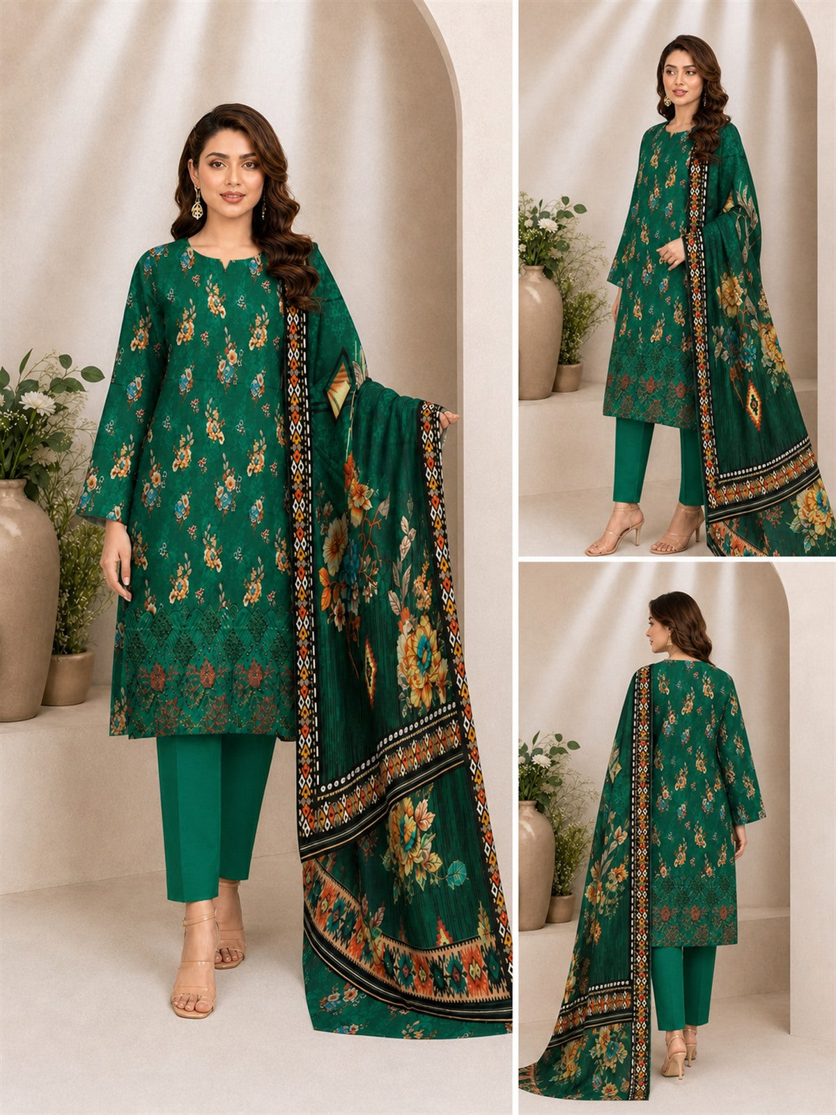Emerald Green Floral Digital Lawn 3-Piece Suit – Vol. 531 – front, side and back views