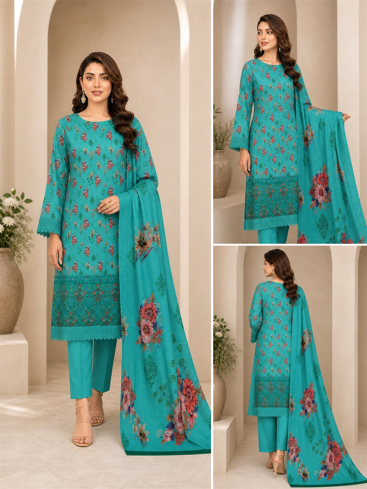 Aqua Turquoise Floral Digital Lawn 3-Piece Suit – Vol. 531 – front, side and back views