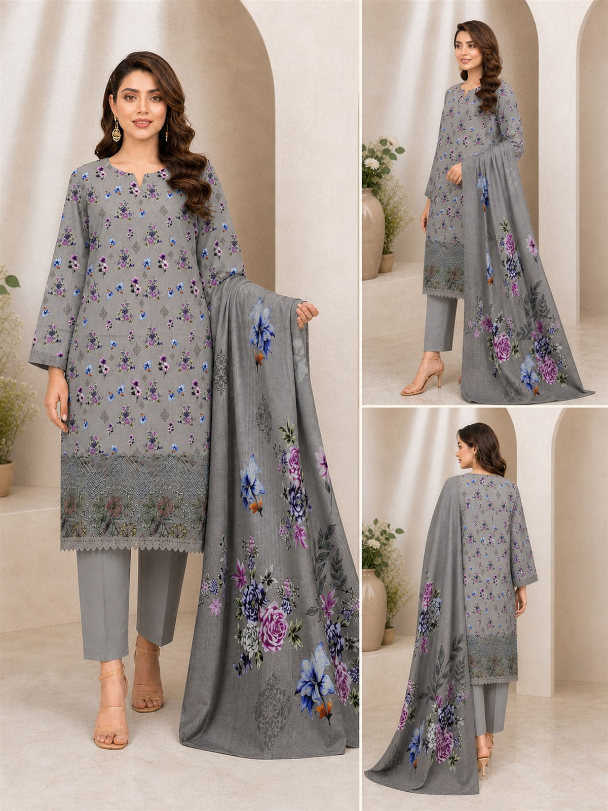 Silver Grey Floral Digital Lawn 3-Piece Suit – Vol. 531 – front, side and back views