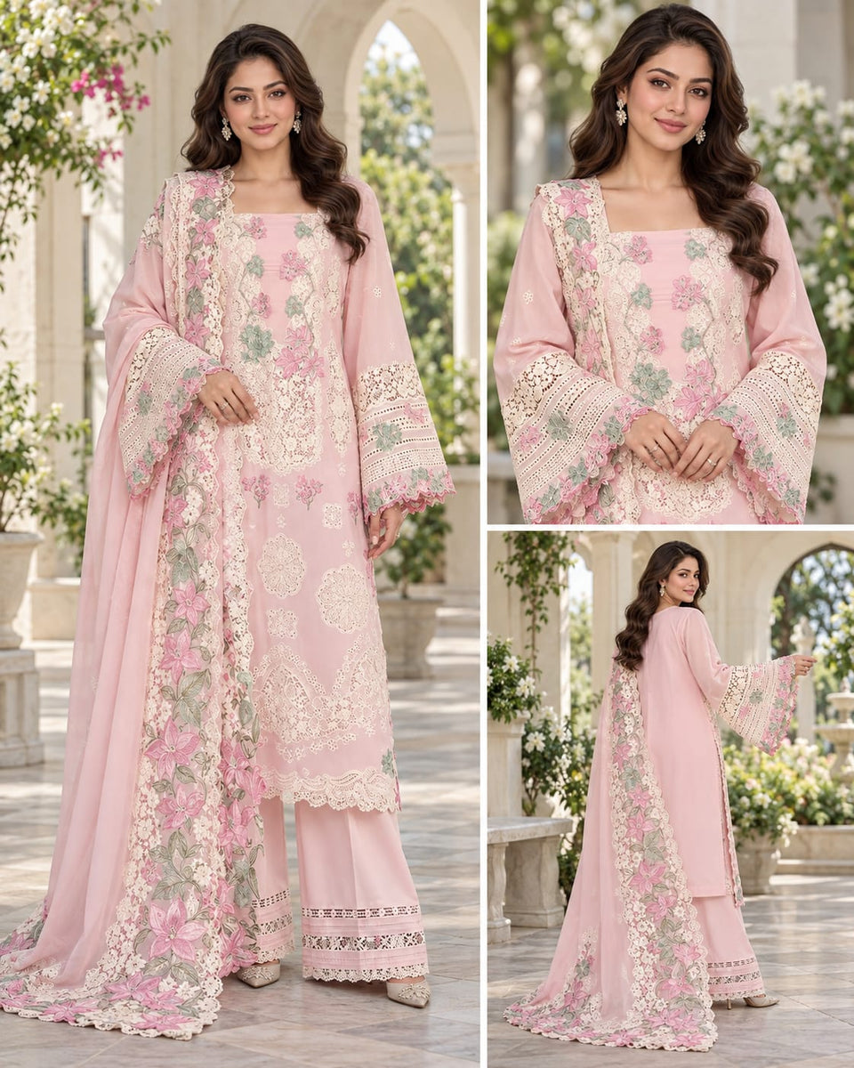 Blush Pink Floral Lace Dhanak 3-Piece Winter Suit