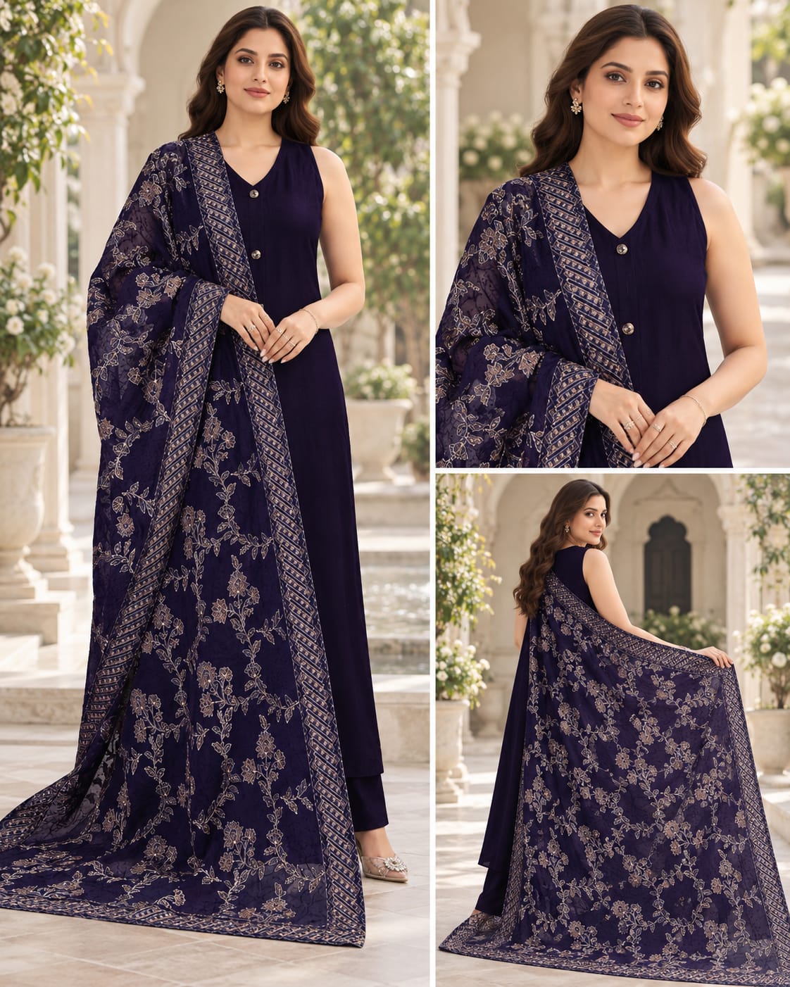 Deep Navy Embroidered Dhanak 3-Piece Winter Suit