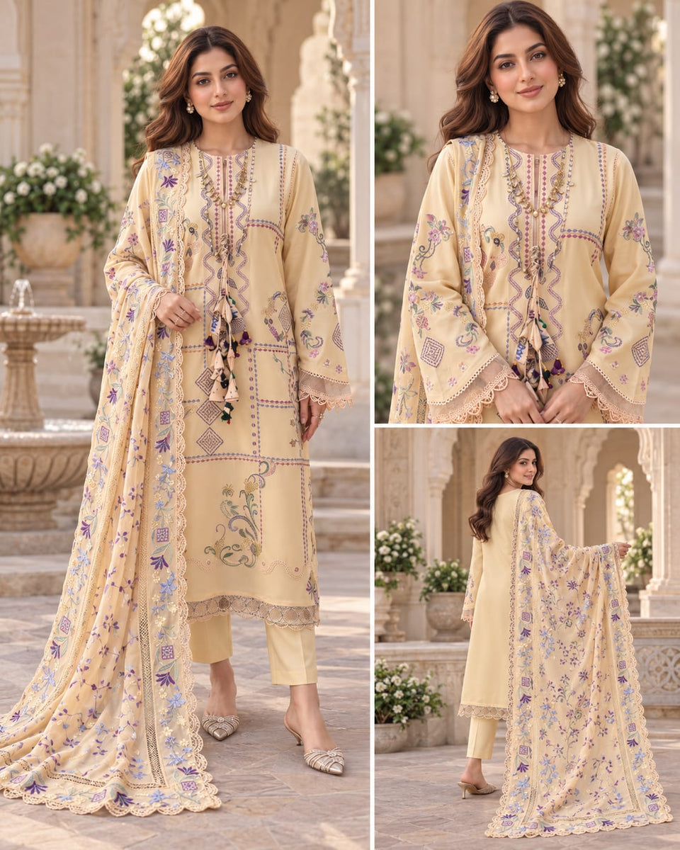 Champagne Beige Embroidered Dhanak 3-Piece Winter Suit