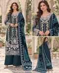 Deep Teal Floral Embroidered Dhanak 3-Piece Winter Suit