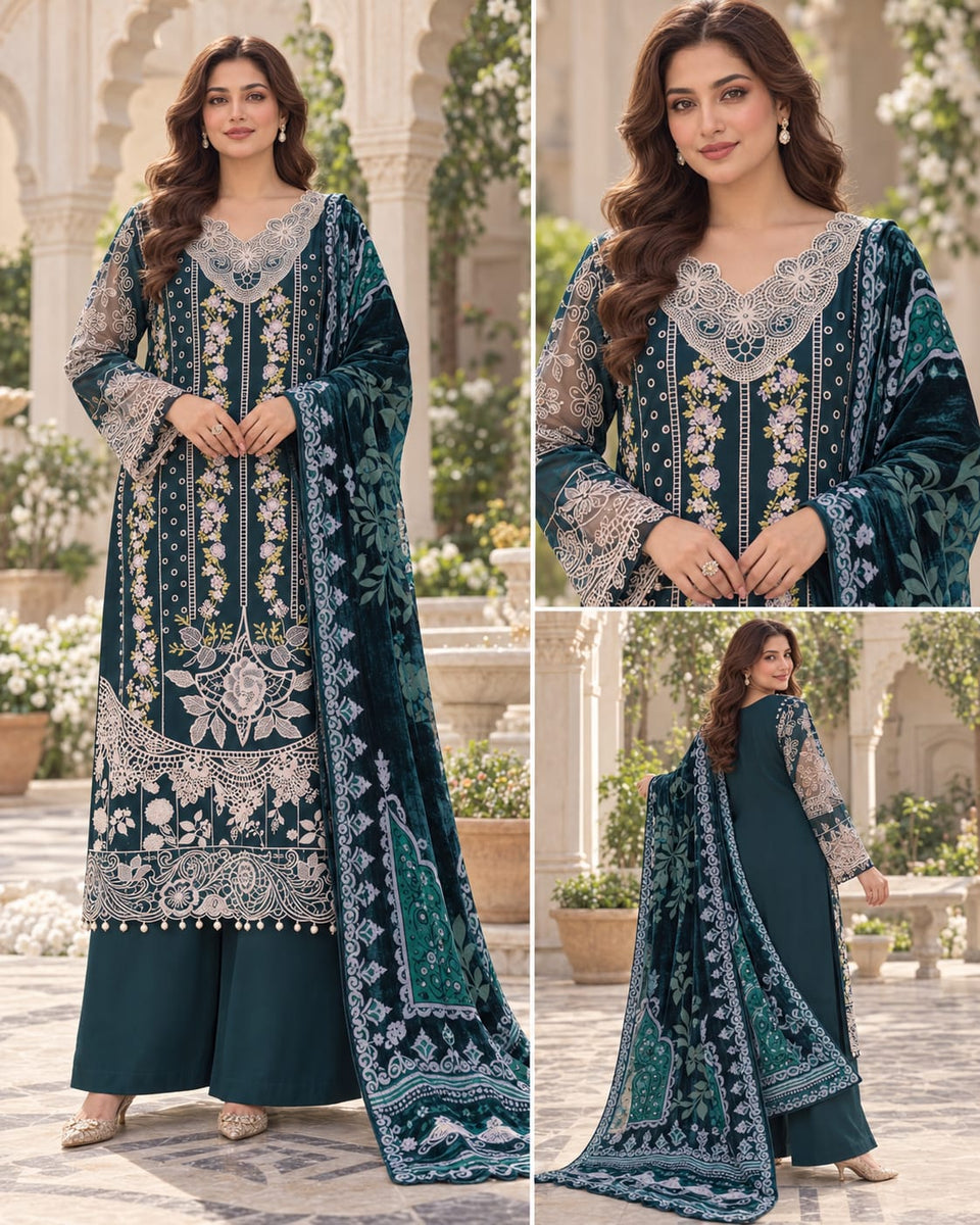 Deep Teal Floral Embroidered Dhanak 3-Piece Winter Suit