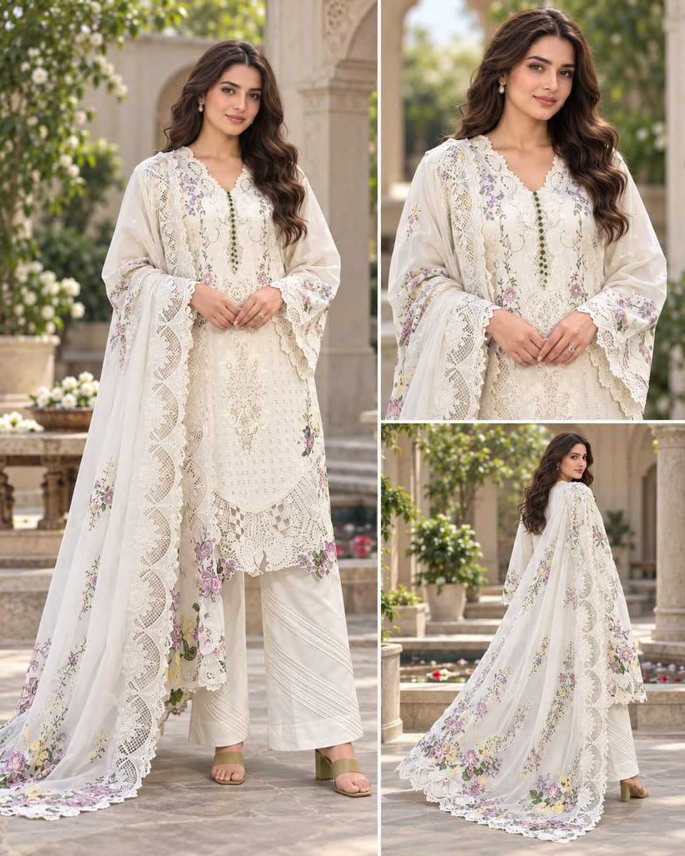 Soft Ivory Floral Lace Dhanak 3-Piece Winter Suit