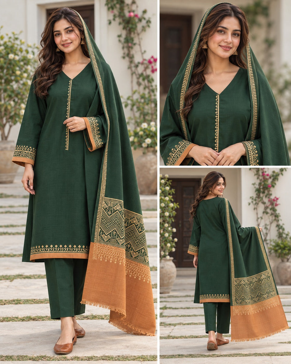 Dark Green Printed Suit with mustard dupatta